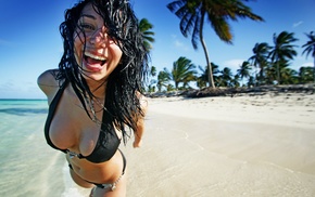 beach, brunette, bikini, girl, smiling