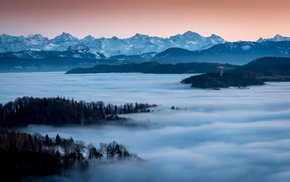 snowy peak, Alps, forest, mist, mountain, landscape