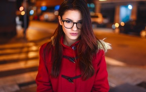 portrait, brunette, girl with glasses, Delaia Gonzalez, depth of field, girl