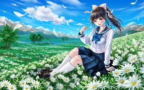ponytail, flowers, Love Plus, clouds, school uniform, Takane Manaka