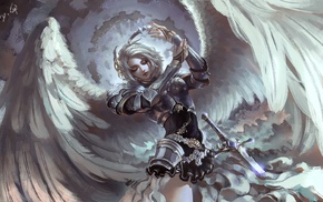 fantasy art, wings, armor, angel, gray