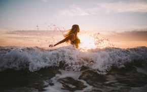 water, blonde, bikini, waves, girl, sea