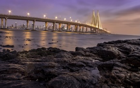 bridge, city, India, sea, cityscape, rock