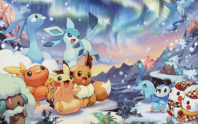 holiday, Pikachu, Eevee, Christmas, Pokemon