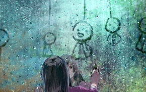 rain, window, black hair, original characters, anime girls