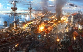 war, aircraft, artwork, battleships, steampunk