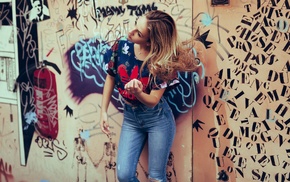 model, jeans, girl, walls