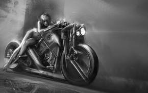 artwork, monochrome, motorcycle, girl, nude