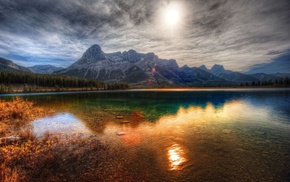lake, Sun, mountain, reflection