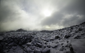 rock, clouds