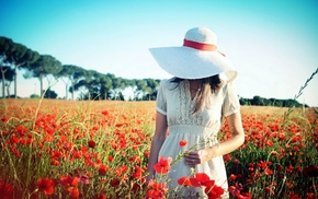 flowers, hat, model, girl outdoors, girl, field