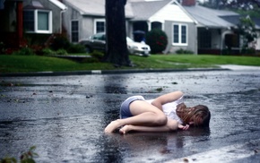 girl, model, rain, road, wet, urban