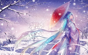 Hatsune Miku, snow, Vocaloid, umbrella, kimono, traditional clothing