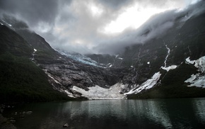 dark, lake, mountain, clouds, creeks, glaciers