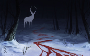 forest, deer, dark, fantasy art, blood, snow