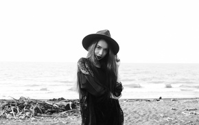 black lipstick, lace, black, monochrome, beach, girl outdoors