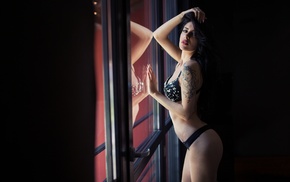 portrait, lingerie, girl, window, Simone Canino, tattoo