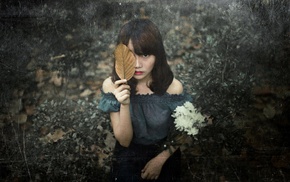 Asian, girl, model, leaves