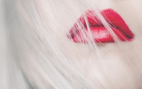 gloss, hair in face, closeup, red lipstick, girl, long hair