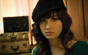 girl, bangs, hat, face, brunette, Demi Lovato