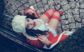 red lipstick, girl, brunette, Santa costume, stockings, Ana de Carvalho