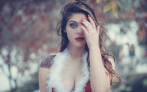 Ana de Carvalho, blue eyes, girl, cleavage, tattoo, Santa costume