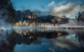 reflection, snow, river, waterfall, cold, mountain