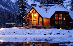 snow, lake, hut, winter