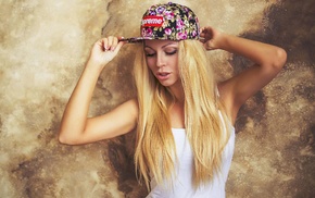 blonde, walls, portrait, girl, baseball caps