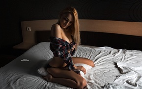 in bed, girl, closed eyes, thong, blonde, holding knees