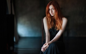 Vladislava Masko, depth of field, redhead, chair, looking at viewer, long hair