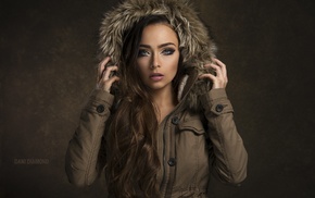 portrait, Dani Diamond, hood, girl, simple background