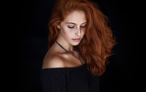 freckles, simple background, girl, portrait, black clothing, bare shoulders