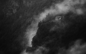 house, Norway, monochrome, cliff, trees, landscape