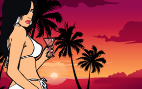 palm trees, fantasy art, sunset, beach, Rockstar Games, Grand Theft Auto Vice City