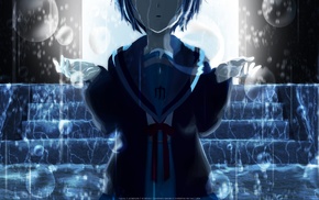 school uniform, anime, short hair, Nagato Yuki, The Melancholy of Haruhi Suzumiya, rain
