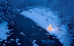 trees, Christmas, snow, Christmas Tree, river, forest