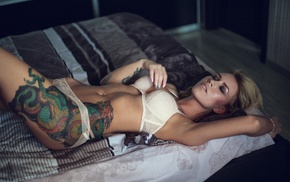 tattoo, model, pierced navel, girl, closed eyes, in bed