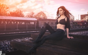 black bras, girl, sitting, model, leather leggings, bra