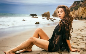 brunette, Michael Paredes, model, sand, sea, open mouth