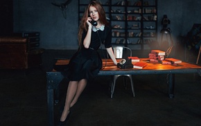 girl, freckles, black dress, telephone, dress, Georgiy Chernyadyev
