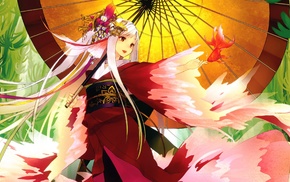 kimono, original characters, fish, anime girls, Japanese umbrella, umbrella