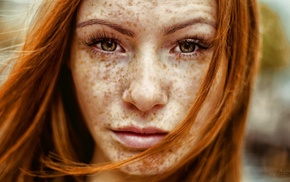 freckles, long hair, Sisa Gemoraish, portrait, girl outdoors, looking at viewer