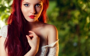 model, long hair, redhead, depth of field, girl outdoors, bare shoulders