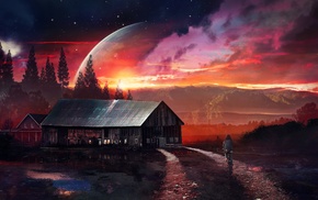 house, science fiction, night, red, planet