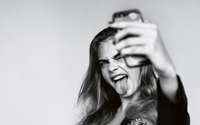 girl, selfies, model, Cara Delevingne, monochrome, simple background