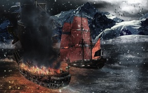 ship, snow, mountain, sea, pirates