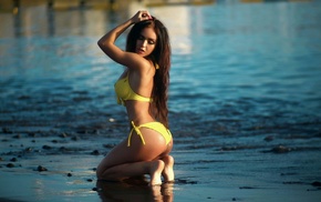 girl, ass, sea, yellow bikinis, Kira Petrova