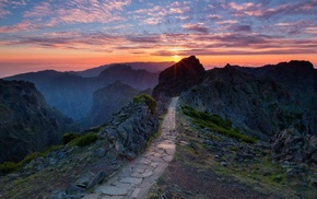 sunset, path, nature, rock