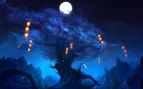 trees, lights, blue, night